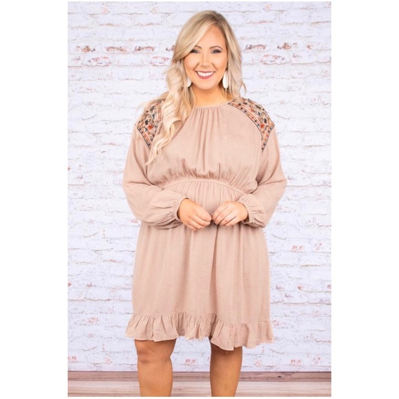 Halley & Co Dresses & Skirts - Chic Soul Taupe Floral Embroidered Dress